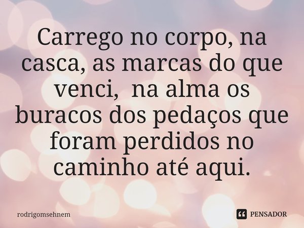 ⁠Carrego no corpo, na casca, as marcas do que venci, na alma os buracos dos pedaços que foram perdidos no caminho até aqui.... Frase de rodrigomsehnem.