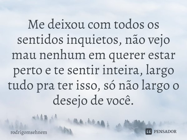 ⁠Me deixou com todos os sentidos inquietos, não vejo mau nenhum em querer estar perto e te sentir inteira, largo tudo pra ter isso, só não largo o desejo de voc... Frase de rodrigomsehnem.