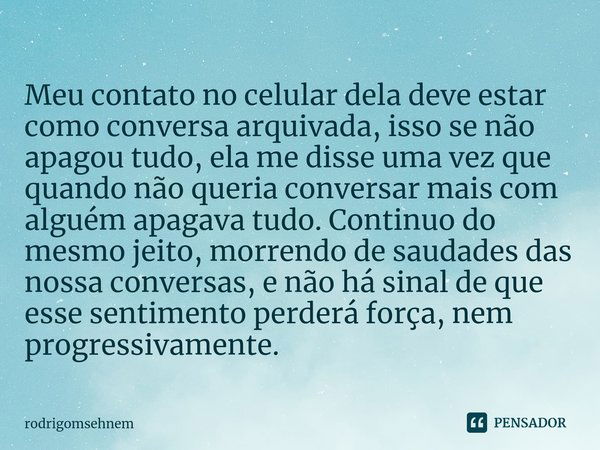 ⁠Meu contato no celular dela deve estar como conversa arquivada, isso se não apagou tudo, ela me disse uma vez que quando não queria conversar mais com alguém a... Frase de rodrigomsehnem.