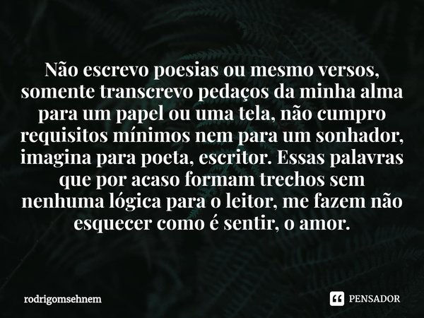 ⁠Não escrevo poesias ou mesmo versos, somente transcrevo pedaços da minha alma para um papel ou uma tela, não cumpro requisitos mínimos nem para um sonhador, im... Frase de rodrigomsehnem.