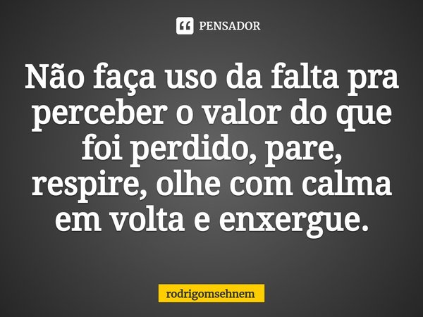 ⁠Não faça uso da falta pra perceber o valor do que foi perdido, pare, respire, olhe com calma em volta e enxergue.... Frase de rodrigomsehnem.