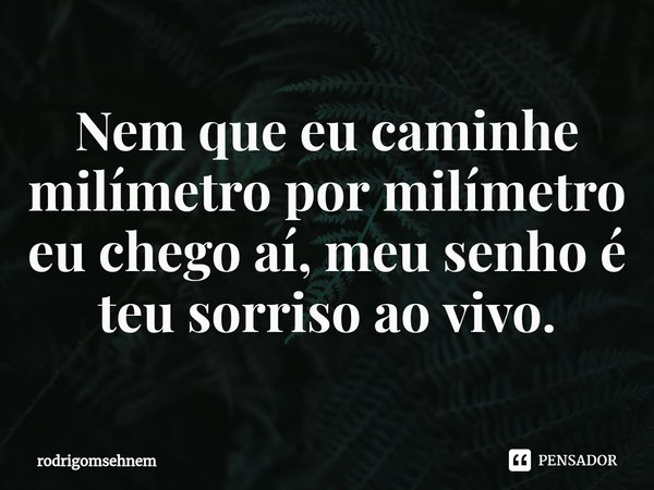 ⁠Nem que eu caminhe milímetro por milímetro eu chego aí, meu senho é teu sorriso ao vivo.... Frase de rodrigomsehnem.
