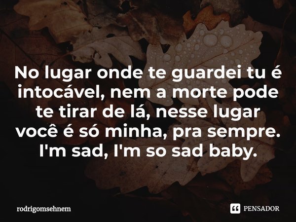 ⁠No lugar onde te guardei tu é intocável, nem a morte pode te tirar de lá, nesse lugar você é só minha, pra sempre. I'm sad, I'm so sad baby.... Frase de rodrigomsehnem.