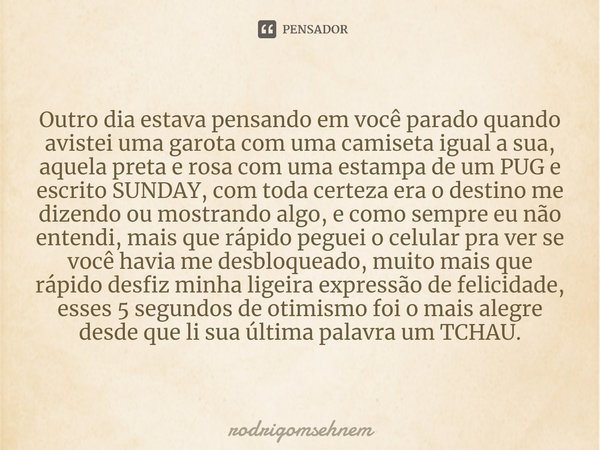 ⁠Outro dia estava pensando em você parado quando avistei uma garota com uma camiseta igual a sua, aquela preta e rosa com uma estampa de um PUG e escrito SUNDAY... Frase de rodrigomsehnem.