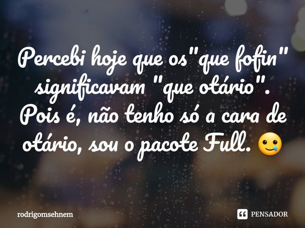 ⁠Percebi hoje que os "que fofin" significavam "que otário". Pois é, não tenho só a cara de otário, sou o pacote Full. 🥲... Frase de rodrigomsehnem.