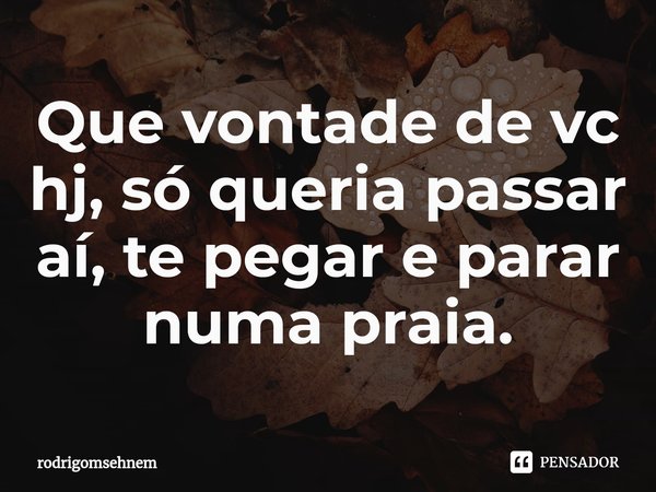 ⁠Que vontade de vc hj, só queria passar aí, te pegar e parar numa praia.... Frase de rodrigomsehnem.