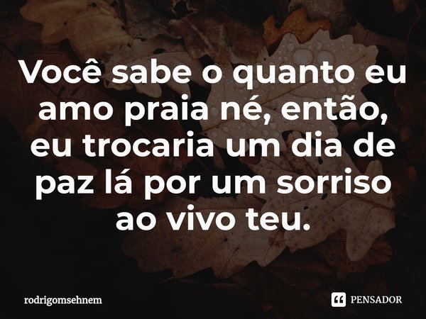 ⁠Você sabe o quanto eu amo praia né, então, eu trocaria um dia de paz lá por um sorriso ao vivo teu.... Frase de rodrigomsehnem.