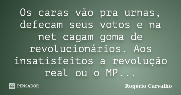 Os caras vão pra urnas, defecam seus votos e na net cagam goma de revolucionários. Aos insatisfeitos a revolução real ou o MP...... Frase de Rogério Carvalho.