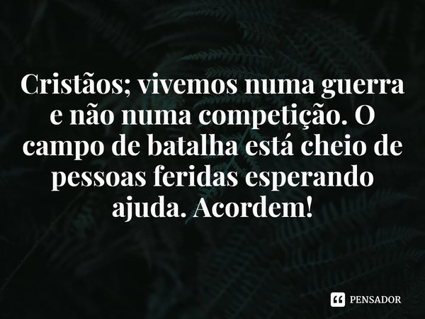 ⁠
Cristãos; vivemos numa guerra e não numa competição. O campo de batalha está cheio de pessoas feridas esperando ajuda. Acordem!... Frase de Rogerio Cerqueira Jr.