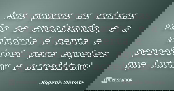 Aos poucos as coisas vão se encaixando, e a vitória é certa e percebível para aqueles que lutam e acreditam!... Frase de Rogerio Moreira.