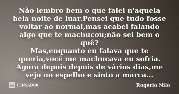 Não lembro bem o que falei n'aquela bela noite de luar.Pensei que tudo fosse voltar ao normal,mas acabei falando algo que te machucou;não sei bem o quê? Mas,enq... Frase de Rogério Nilo.