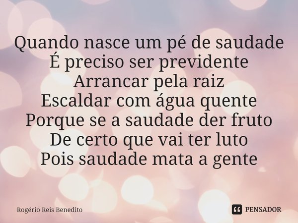 ⁠⁠Quando nasce um pé de saudade
É preciso ser previdente
Arrancar pela raiz
Escaldar com água quente
Porque se a saudade der fruto
De certo que vai ter luto
Poi... Frase de Rogério Reis Benedito.