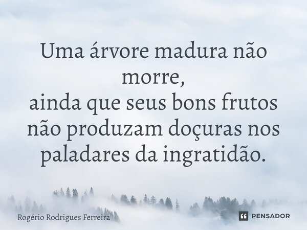⁠Uma árvore madura não morre, ainda que seus bons frutos não produzam doçuras nos paladares da ingratidão.... Frase de Rogério Rodrigues Ferreira.