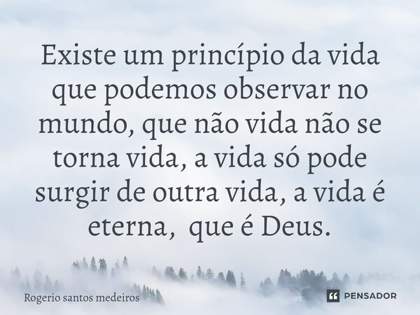 ⁠Existe um princípio da vida que podemos observar no mundo, que não vida não se torna vida, a vida só pode surgir de outra vida, a vida é eterna, que é Deus.... Frase de rogerio santos medeiros.