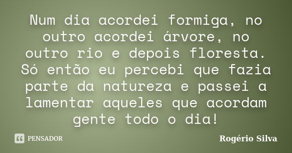 Num dia acordei formiga, no outro acordei árvore, no outro rio e depois floresta. Só então eu percebi que fazia parte da natureza e passei a lamentar aqueles qu... Frase de Rogério Silva.