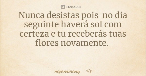 Nunca desistas pois no dia seguinte haverá sol com certeza e tu receberás tuas flores novamente.... Frase de rojanemary 3.