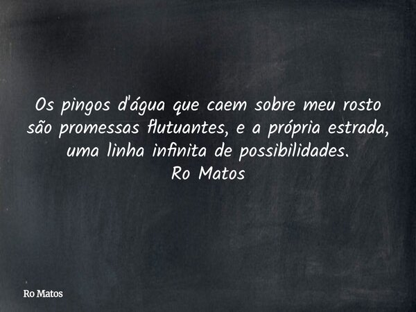 Os pingos d'água que caem sobre meu rosto são promessas flutuantes, e a própria estrada, uma linha infinita de possibilidades. Ro Matos... Frase de Ro Matos.