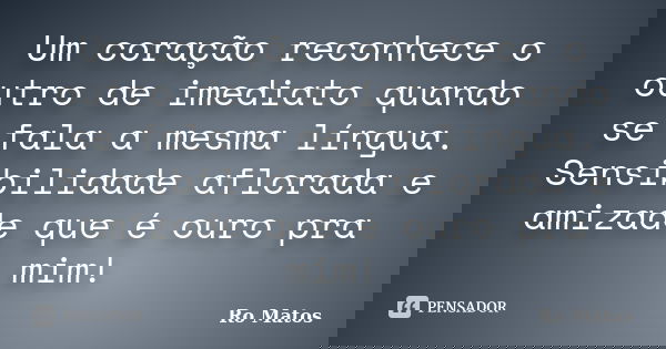 Um coração reconhece o outro de imediato quando se fala a mesma língua. Sensibilidade aflorada e amizade que é ouro pra mim!... Frase de Ro Matos.