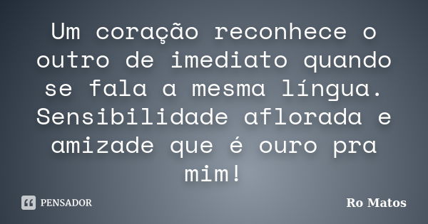 Um coração reconhece o outro de imediato quando se fala a mesma língua. Sensibilidade aflorada e amizade que é ouro pra mim!... Frase de Ro Matos.