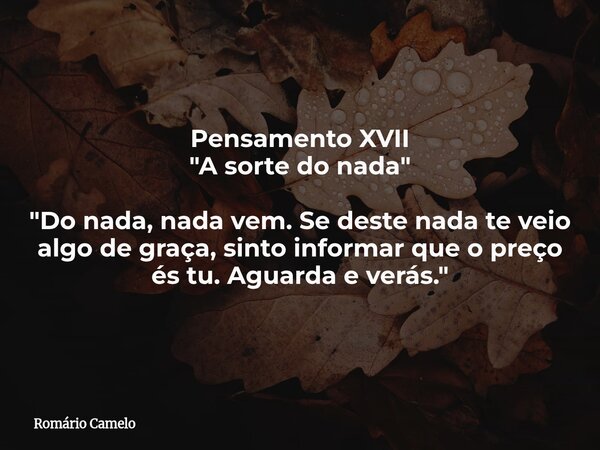 Pensamento XVII "A sorte do nada" "Do nada, nada vem. Se deste nada te veio algo de graça, sinto informar que o preço és tu. Aguarda e verás.&quo... Frase de Romário Camelo.
