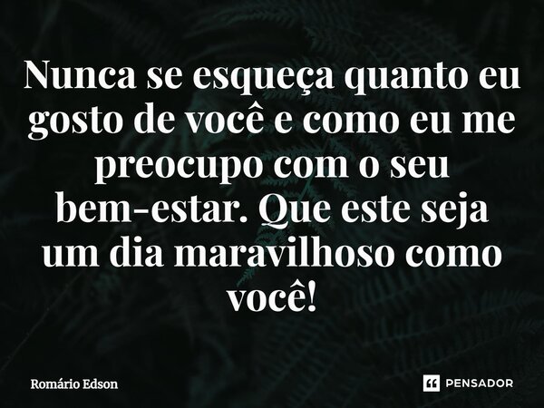 ⁠Nunca se esqueça quanto eu gosto de você e como eu me preocupo com o seu bem-estar. Que este seja um dia maravilhoso como você!... Frase de Romário Edson.