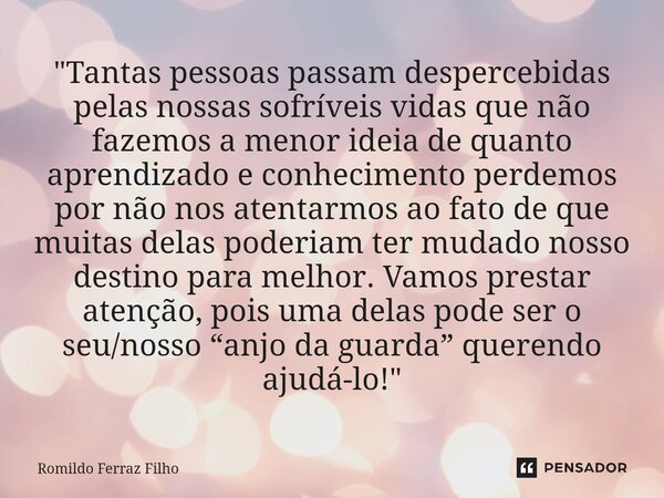 "Tantas pessoas passam despercebidas pelas nossas sofríveis vidas que não fazemos a menor ideia de quanto aprendizado e conhecimento perdemos por não nos a... Frase de Romildo Ferraz Filho.