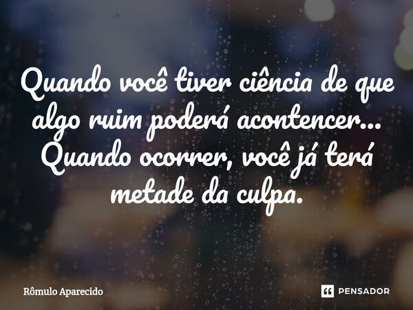 ⁠Quando você tiver ciência de que algo ruim poderá acontencer... Quando ocorrer, você já terá metade da culpa.... Frase de Rômulo Aparecido.