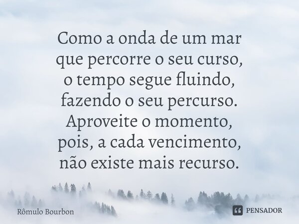 ⁠Como a onda de um mar que percorre o seu curso, o tempo segue fluindo, fazendo o seu percurso. Aproveite o momento, pois, a cada vencimento, não existe mais re... Frase de Rômulo Bourbon.
