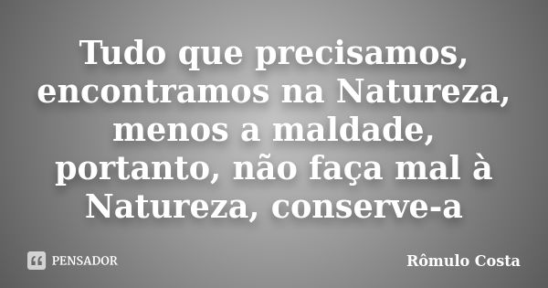 Tudo que precisamos, encontramos na Natureza, menos a maldade, portanto, não faça mal à Natureza, conserve-a... Frase de Rômulo Costa.