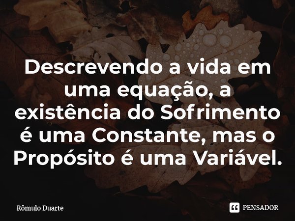 ⁠⁠Descrevendo a vida em uma equação, a existência do Sofrimento é uma Constante, mas o Propósito é uma Variável.... Frase de Rômulo Duarte.