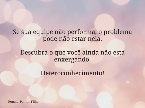 Se sua equipe não performa, o problema pode não estar nela. Descubra o que você ainda não está enxergando. Heteroconhecimento!... Frase de Ronald_Pantin_Filho.
