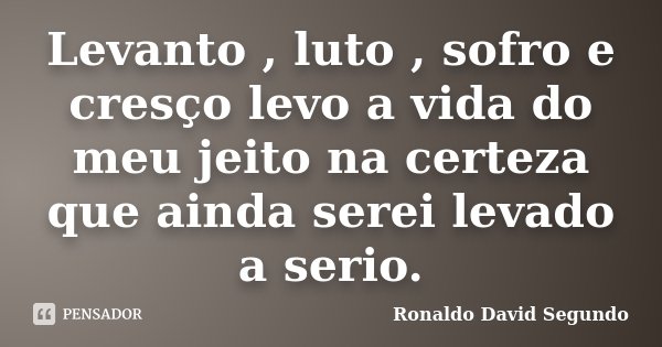 Levanto , luto , sofro e cresço levo a vida do meu jeito na certeza que ainda serei levado a serio.... Frase de Ronaldo David Segundo.