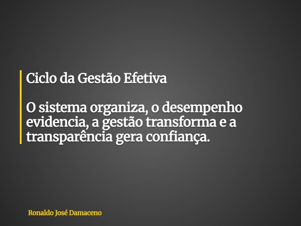 Ciclo da Gestão Efetiva O sistema organiza, o desempenho evidencia, a gestão transforma e a transparência gera confiança.... Frase de Ronaldo José Damaceno.