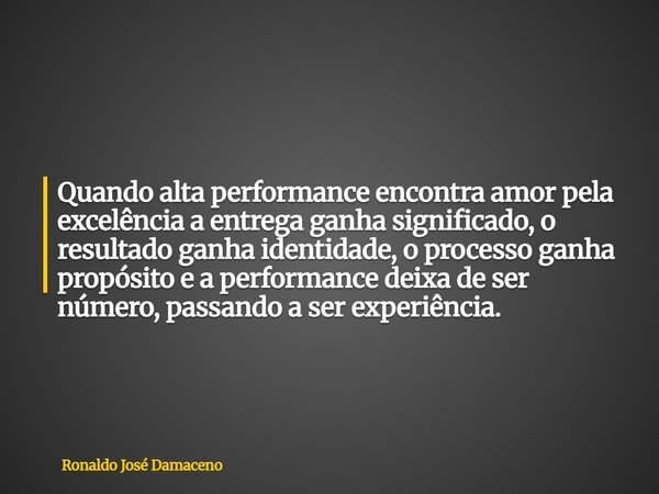 Quando alta performance encontra amor pela excelência a entrega ganha significado, o resultado ganha identidade, o processo ganha propósito e a performance deix... Frase de Ronaldo José Damaceno.