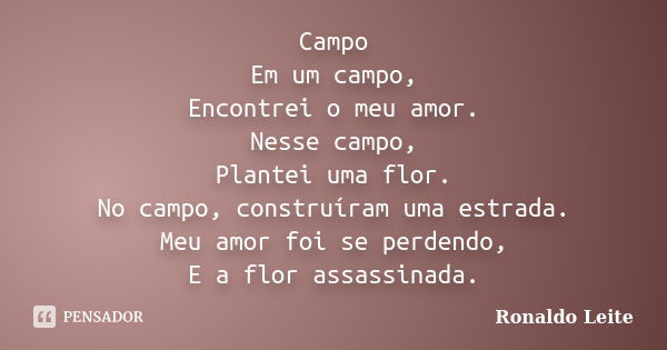 Campo Em um campo, Encontrei o meu amor. Nesse campo, Plantei uma flor. No campo, construíram uma estrada. Meu amor foi se perdendo, E a flor assassinada.... Frase de Ronaldo Leite.