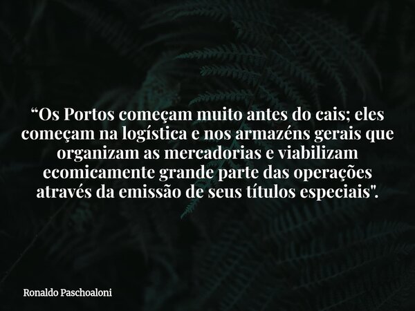 “Os Portos começam muito antes do cais; eles começam na logística e nos armazéns gerais que organizam as mercadorias e viabilizam ecomicamente grande parte das ... Frase de Ronaldo Paschoaloni.