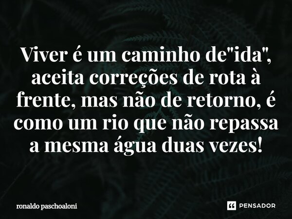 Viver é um caminho de "ida", aceita correções de rota à frente, mas não de retorno, é como um rio que não repassa a mesma água duas vezes!⁠... Frase de ronaldo paschoaloni.