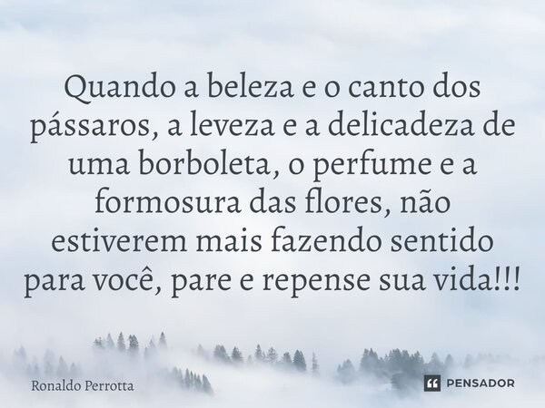 ⁠Quando a beleza e o canto dos pássaros, a leveza e a delicadeza de uma borboleta, o perfume e a formosura das flores, não estiverem mais fazendo sentido para v... Frase de Ronaldo Perrotta.