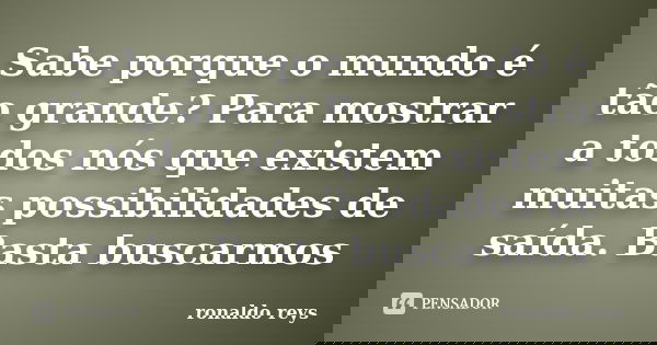 Sabe porque o mundo é tão grande? Para mostrar a todos nós que existem muitas possibilidades de saída. Basta buscarmos... Frase de Ronaldo Reys.