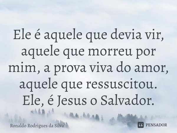 ⁠Ele é aquele que devia vir, aquele que morreu por mim, a prova viva do amor, aquele que ressuscitou. Ele, é Jesus o Salvador.... Frase de Ronaldo Rodrigues da Silva.