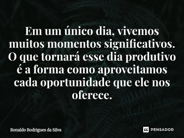 ⁠Em um único dia, vivemos muitos momentos significativos. O que tornará esse dia produtivo é a forma como aproveitamos cada oportunidade que ele nos oferece.... Frase de Ronaldo Rodrigues da Silva.
