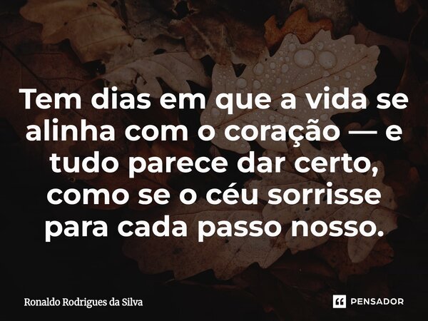 ⁠Tem dias em que a vida se alinha com o coração — e tudo parece dar certo, como se o céu sorrisse para cada passo nosso.... Frase de Ronaldo Rodrigues da Silva.