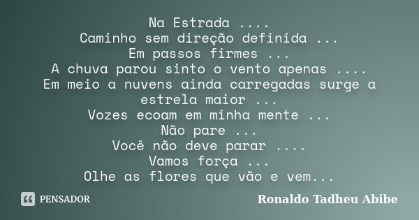 Na Estrada .... Caminho sem direção definida ... Em passos firmes ... A chuva parou sinto o vento apenas .... Em meio a nuvens ainda carregadas surge a estrela ... Frase de Ronaldo Tadheu Abibe.