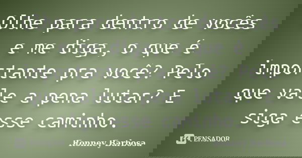 Olhe para dentro de vocês e me diga, o que é importante pra você? Pelo que vale a pena lutar? E siga esse caminho.... Frase de Ronney Barbosa.