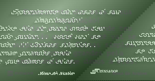 Experimente dar asas á sua imaginação! Deixe ela ir para onde teu coração guiar... você vai se surpreender !! Coisas simples.. se tornam grandes pela importânci... Frase de Rosa de Avalon.
