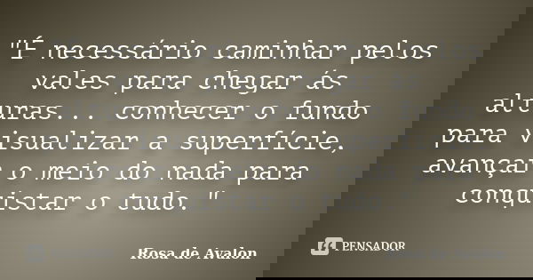 "É necessário caminhar pelos vales para chegar ás alturas... conhecer o fundo para visualizar a superfície, avançar o meio do nada para conquistar o tudo.&... Frase de Rosa de Avalon.
