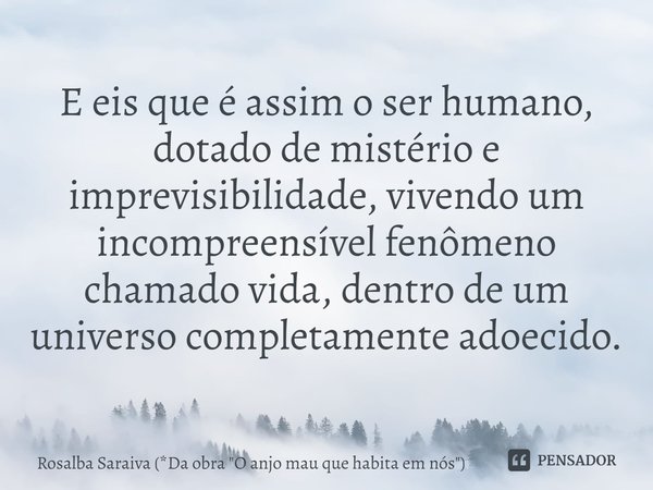 ⁠E eis que é assim o ser humano, dotado de mistério e imprevisibilidade, vivendo um incompreensível fenômeno chamado vida, dentro de um universo completamente a... Frase de Rosalba Saraiva (*Da obra 