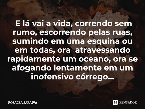 ⁠ E lá vai a vida, correndo sem rumo, escorrendo pelas ruas, sumindo em uma esquina ou em todas, ora atravessando rapidamente um oceano, ora se afogando lentame... Frase de ROSALBA SARAIVA.