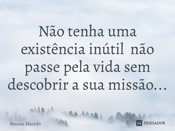 ⁠Não tenha uma existência inútil não passe pela vida sem descobrir a sua missão...... Frase de Rosana Macedo.
