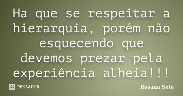 Ha que se respeitar a hierarquia, porém não esquecendo que devemos prezar pela experiência alheia!!!... Frase de Rosana Sete.